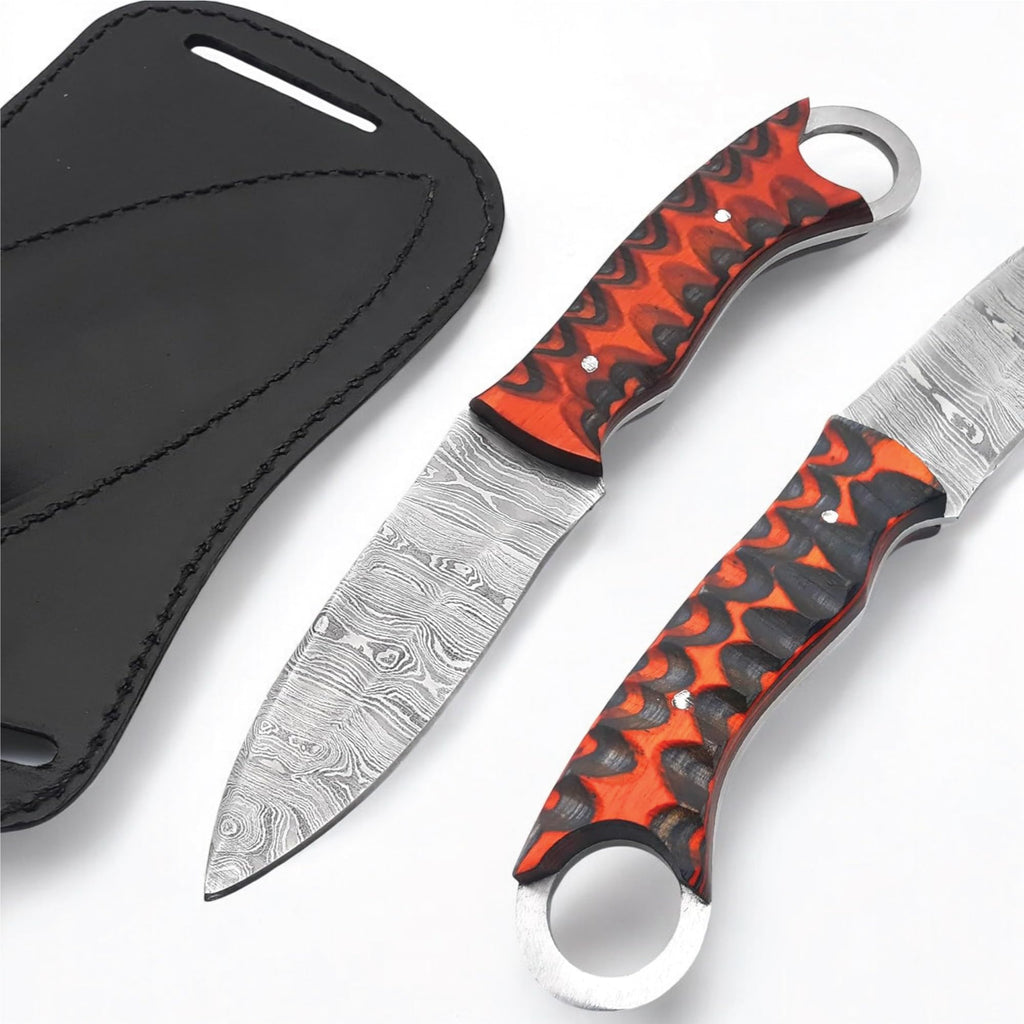 Hunting Knife Damascus Steel EDC Fixed Blade Bushcraft Knife Full Tang Scout Carry Knife with Leather Sheath Ideal for Skinning Outdoor Camping Hunting Hiking Survival Knives (Damascus Knife)